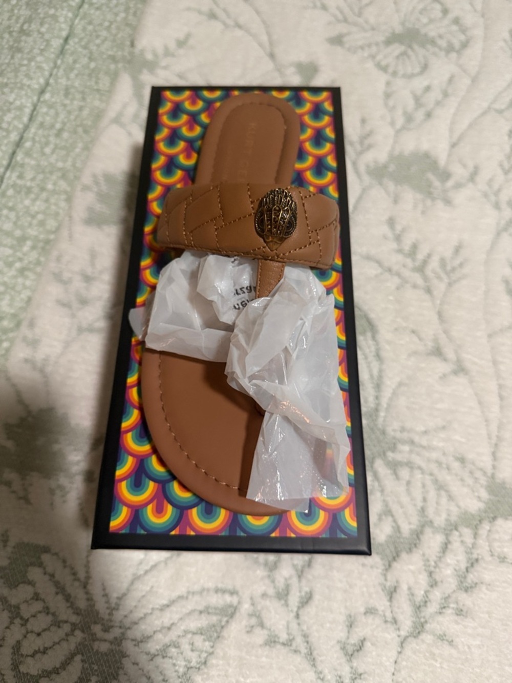 Quilted Tan Leather Toe-Post Slide with Decorative Medallion